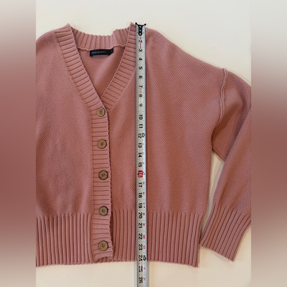 Merokeety Blush Pink Exposed Hem Sleeve Ribbed Stretchy Button-Up Cardigan Large - Picture 2 of 15